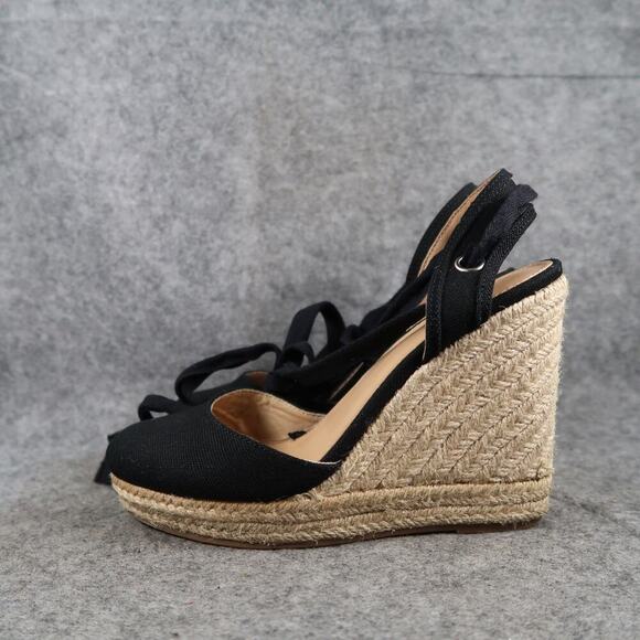 Express Shoes Womens 6 Wedge Sandals Espadrille Platform Black Ankle Wrap Tie - Picture 5 of 12